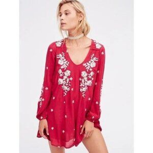 Free People Sweet Tennessee Red Embroidered Bohemian V-Neck Mini Dress Small
